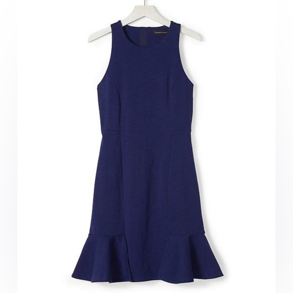 Banana Republic Navy Blue “Ponte” Midi Dress w/ Ruffle Flounce Skirt Size XS 0P